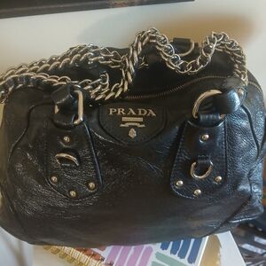 Prada Black Leather Shoulder Bag with Silver Accents